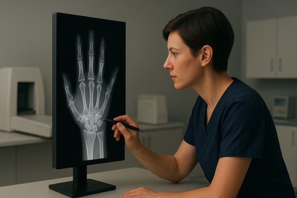 Portrait diagnostic display showing a CR hand radiograph with fine bone detail