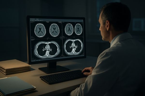 Radiologist reviewing CT and MRI scans on clinical diagnostic display