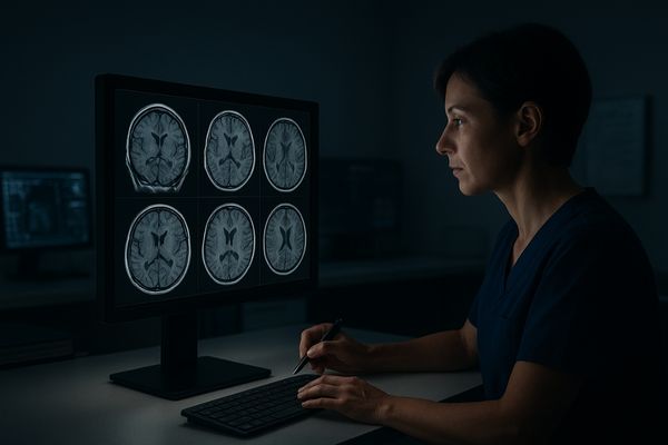 Radiologist reviewing CT/MRI on MD26C diagnostic display with DICOM presets