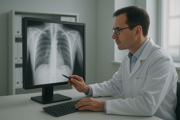 Radiologist reviewing DR/CR chest X‑ray on MD26C DICOM‑Compliant display