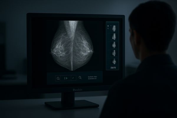 An image of a radiologist's reading room with a large, single-head Reshin mammography monitor displaying a detailed DBT slice series.