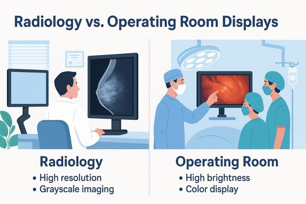 Comparison infographic of radiology vs operating room medical displays, showing differences in resolution, brightness, durability, and connectivity.