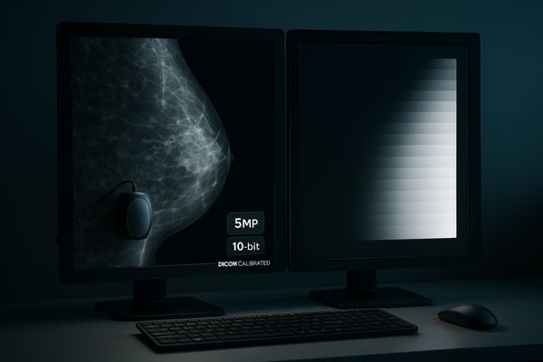 Radiologist examining a mammogram on a high-resolution monitor