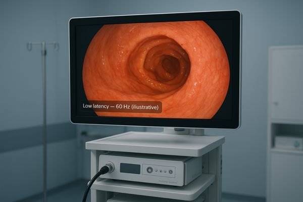 A crisp, clear endoscopic image on a medical display, showing fine mucosal detail without any motion blur as the endoscope moves.