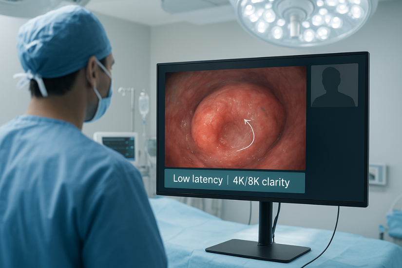 An image of a surgeon in an OR being mentored by a remote expert via a large, high-resolution video screen