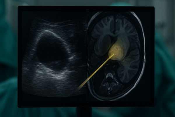 A surgical display showing a live ultrasound feed fused with a pre-operative MRI for precise needle guidance