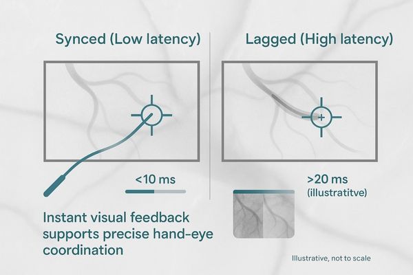 Illustration showing synced vs lagged cursor movement to represent low latency