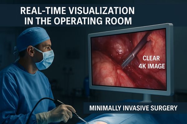 A surgeon performing a minimally invasive procedure while viewing a clear 4K image on a surgical monitor