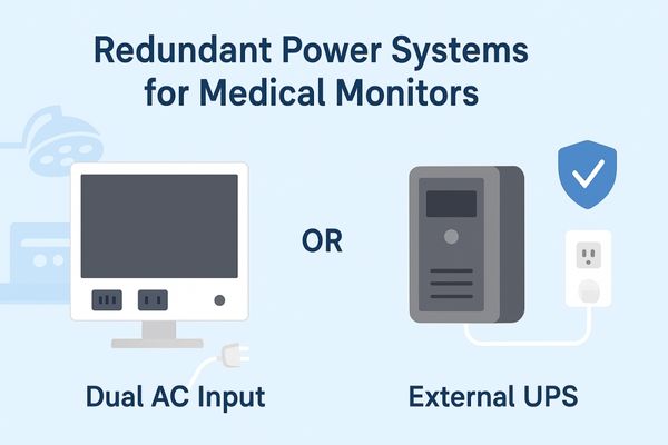 Flat-style infographic showing dual AC input and external UPS systems for uninterrupted medical monitor operation in critical care environments.