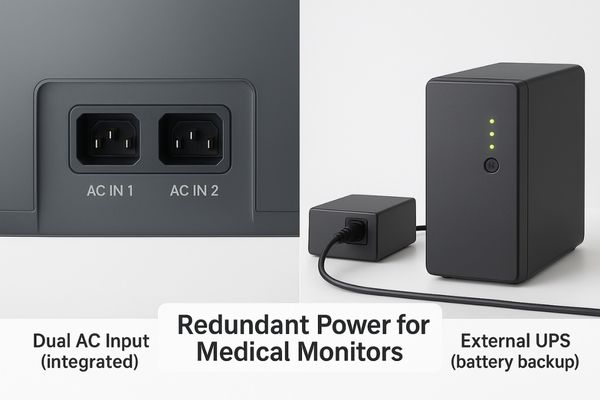 Image showing a split view of a dual AC input port and an external UPS unit