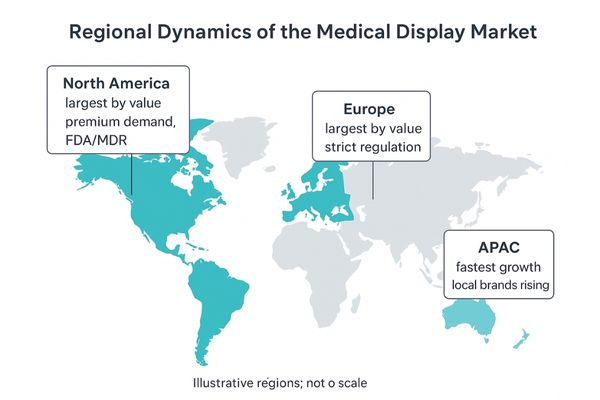 A world map with North America, Europe, and Asia-Pacific highlighted, showing market size and growth rate for each region