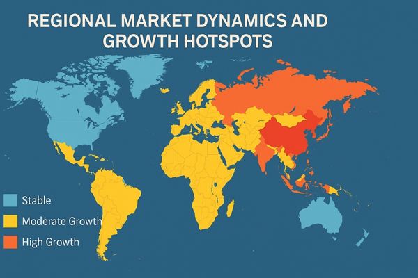 A world map with heat zones showing high growth in Asia-Pacific and stable markets in North America/Europe
