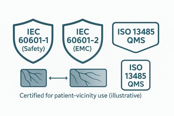 Image showing FDA, CE MDR, and IEC 60601-1 certification logos