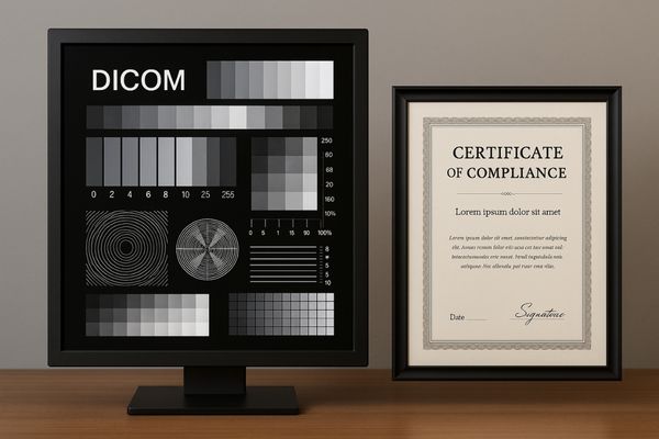 A monitor displaying a DICOM compliance test pattern next to a certificate of compliance