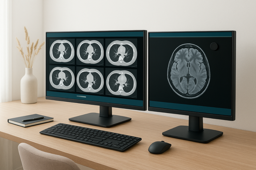 An image of a radiologist's home office with a dual medical-grade monitor setup showing a CT scan