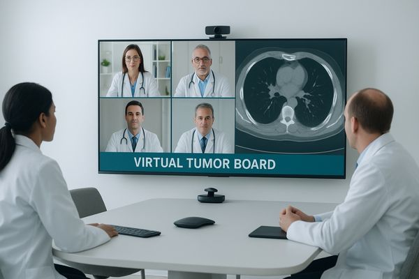 A virtual tumor board meeting with specialists in different locations visible on screen