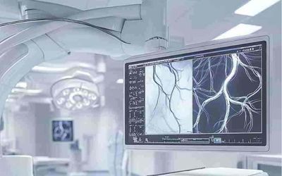 Angiography room display showing high-definition vascular imaging