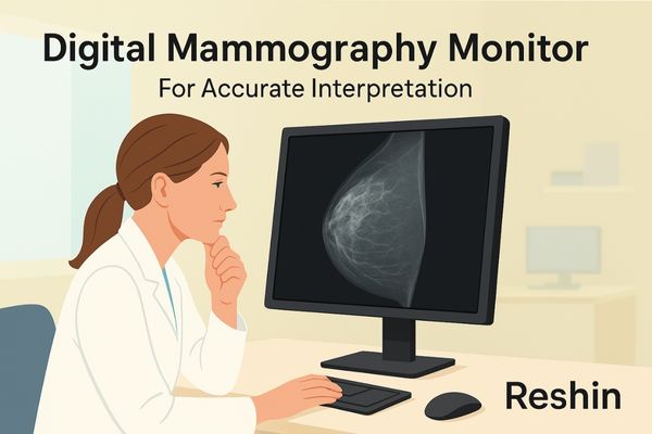 Radiologist analyzing a digital mammogram on a Reshin medical-grade monitor with clear grayscale detail and DBT slice series.