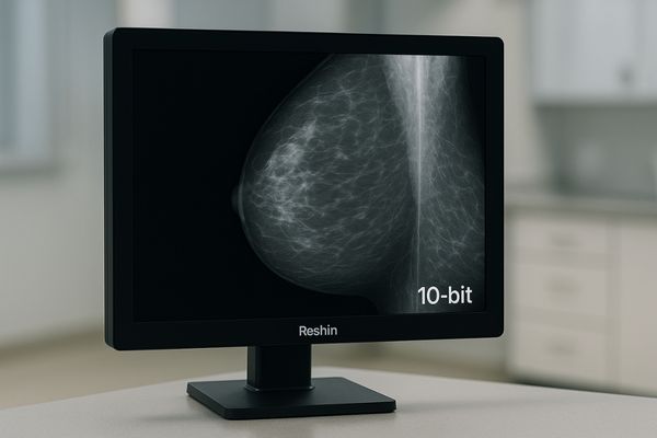 A Reshin diagnostic monitor displaying a detailed mammogram image