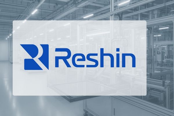 The Reshin logo displayed on a slide with a backdrop of a high-tech manufacturing facility