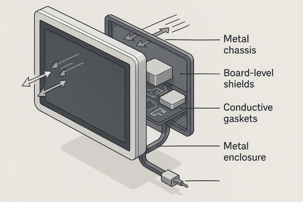 A cross-section diagram of a Reshin monitor showing multiple shielding layers