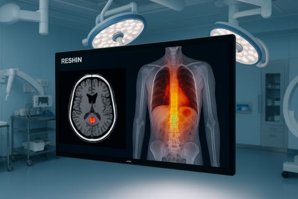 Our large-format 55-inch 4K surgical display mounted in a state-of-the-art hybrid operating room