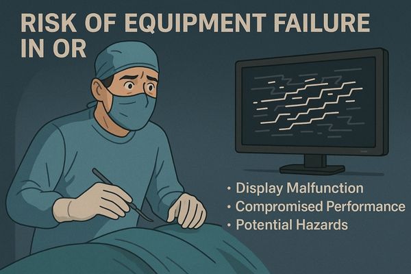 A surgeon looking with concern at a malfunctioning surgical display during a procedure