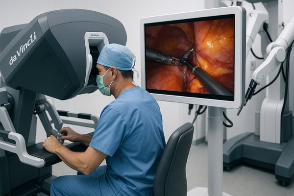 An image of a Da Vinci robotic surgery system, with the surgeon looking into the console and the surgical display showing the robot's view