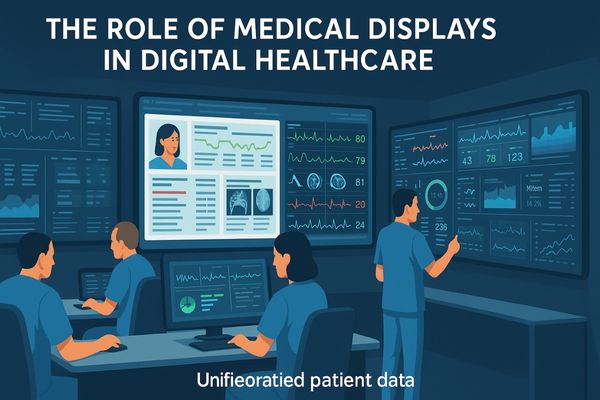 A modern hospital command center with clinicians viewing integrated patient data on large medical displays