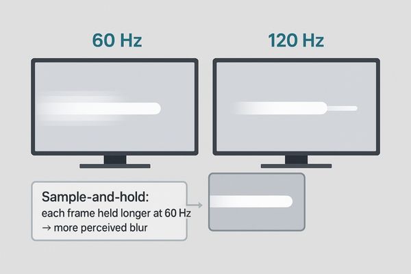 A visual comparison of a fast-moving object on a 60 Hz vs 120 Hz screen, highlighting the reduced motion blur and clearer edges on the 120 Hz display.