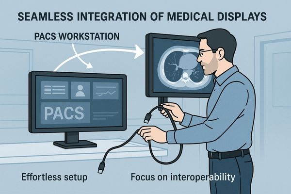 An IT specialist easily connecting a new medical display to a hospital's PACS workstation