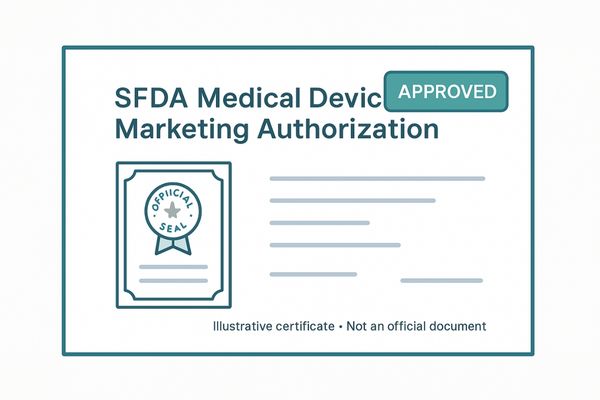 A document icon with the SFDA logo, representing the official medical device registration certificate.