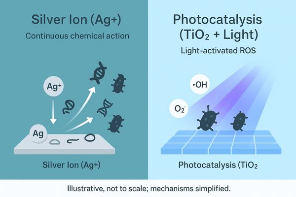 Image of a split-screen showing the molecular structure of silver ions on one side and photocatalysis on the other
