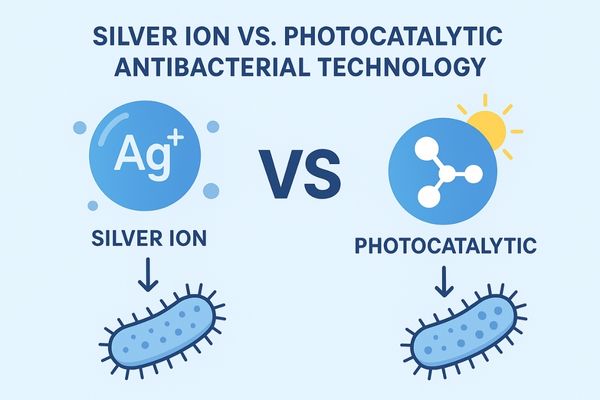 Comparison infographic of silver ion antibacterial coating versus photocatalytic antibacterial coating in medical-grade displays, highlighting mechanisms, durability, safety, and clinical adaptability.