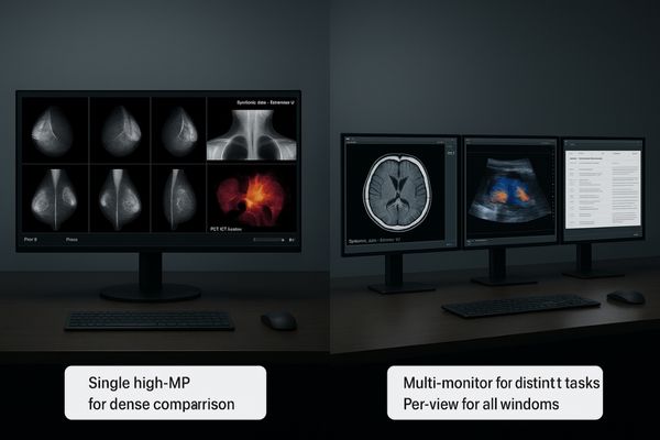 A side-by-side comparison of a radiologist's desk with a single 12MP monitor versus a desk with three smaller monitors.