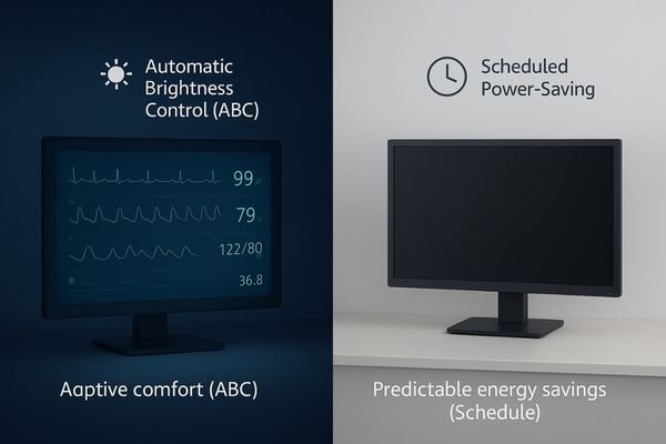 An image showing a monitor automatically dimming in a darkened room, with icons representing a light sensor and a clock