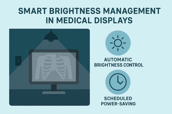 Smart brightness management in medical-grade displays with icons for light sensors and scheduled power-saving