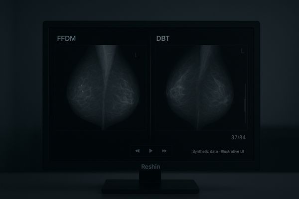 A monitor screen split to show a standard FFDM image on one side and a scrolling DBT cine loop on the other.