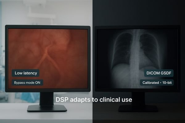 Split-screen image showing a surgical view and a diagnostic radiology view