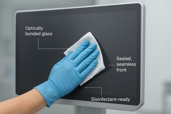 A gloved hand wiping down the front of a flat, seamless surgical monitor, demonstrating its ease of cleaning and sterile design.