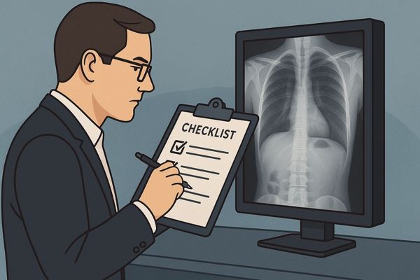 A procurement manager reviewing a checklist while evaluating a medical display
