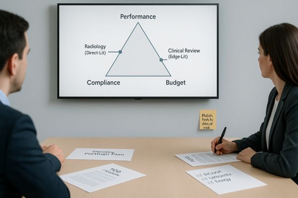 Procurement team in a meeting, balancing product specs and budget spreadsheets