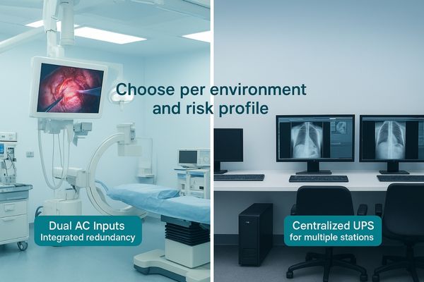 Image of an OR with a boom-mounted monitor and a separate image of a radiology reading room