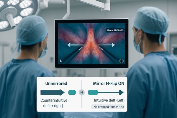 Surgeon and assistant viewing a mirrored display in alignment