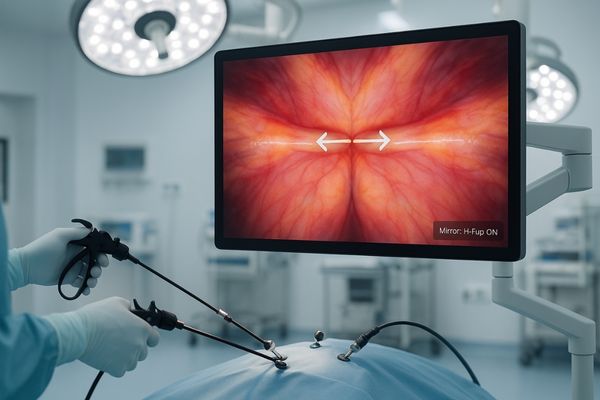Surgeon using an endoscopic display with a mirrored image