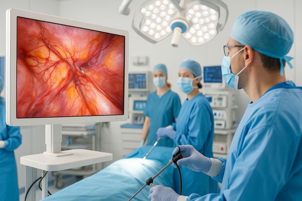 High-resolution surgical monitor displaying a detailed endoscopic image during minimally invasive surgery in a brightly lit operating room