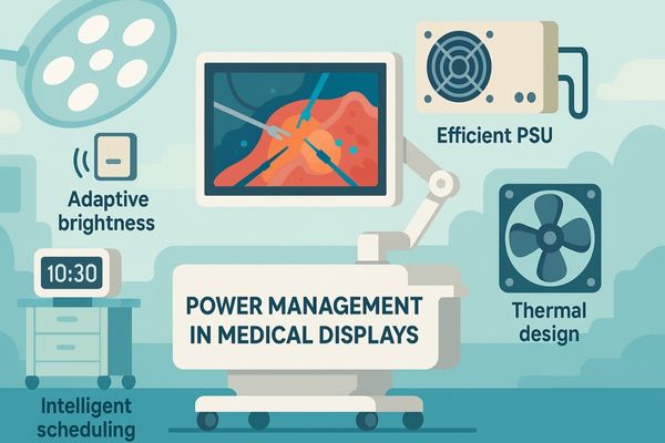 Flat-style infographic illustrating power management strategies for surgical displays, including adaptive brightness, standby mode, efficient PSU, thermal design, and intelligent scheduling.
