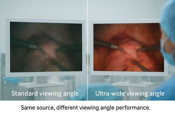 A split-screen image showing the same surgical view. On one side, viewed off-angle, the image on a standard display is dim and color-shifted. On the other, the image on an ultra-wide angle display is bright and clear.