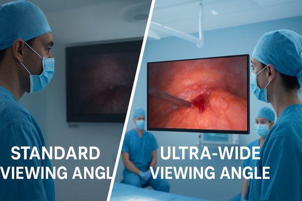 Split-screen comparison of surgical displays showing standard narrow viewing angle with dim, color-shifted image versus ultra-wide viewing angle with bright and accurate colors