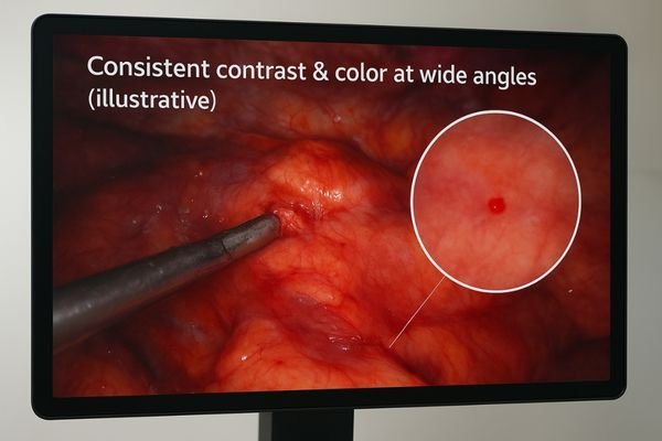 A close-up of a surgical image on an ultra-wide angle display, highlighting a subtle but clear visual cue like a small blood vessel or tissue anomaly.